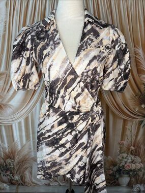 privy Abstract Brushstroke Wrap Mini Dress in Black, Cream & Tan